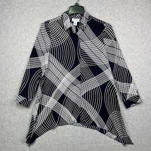 Carmen Marc Valvo Blouse Womens M Black White Abstract Geometric Print Tunic Top